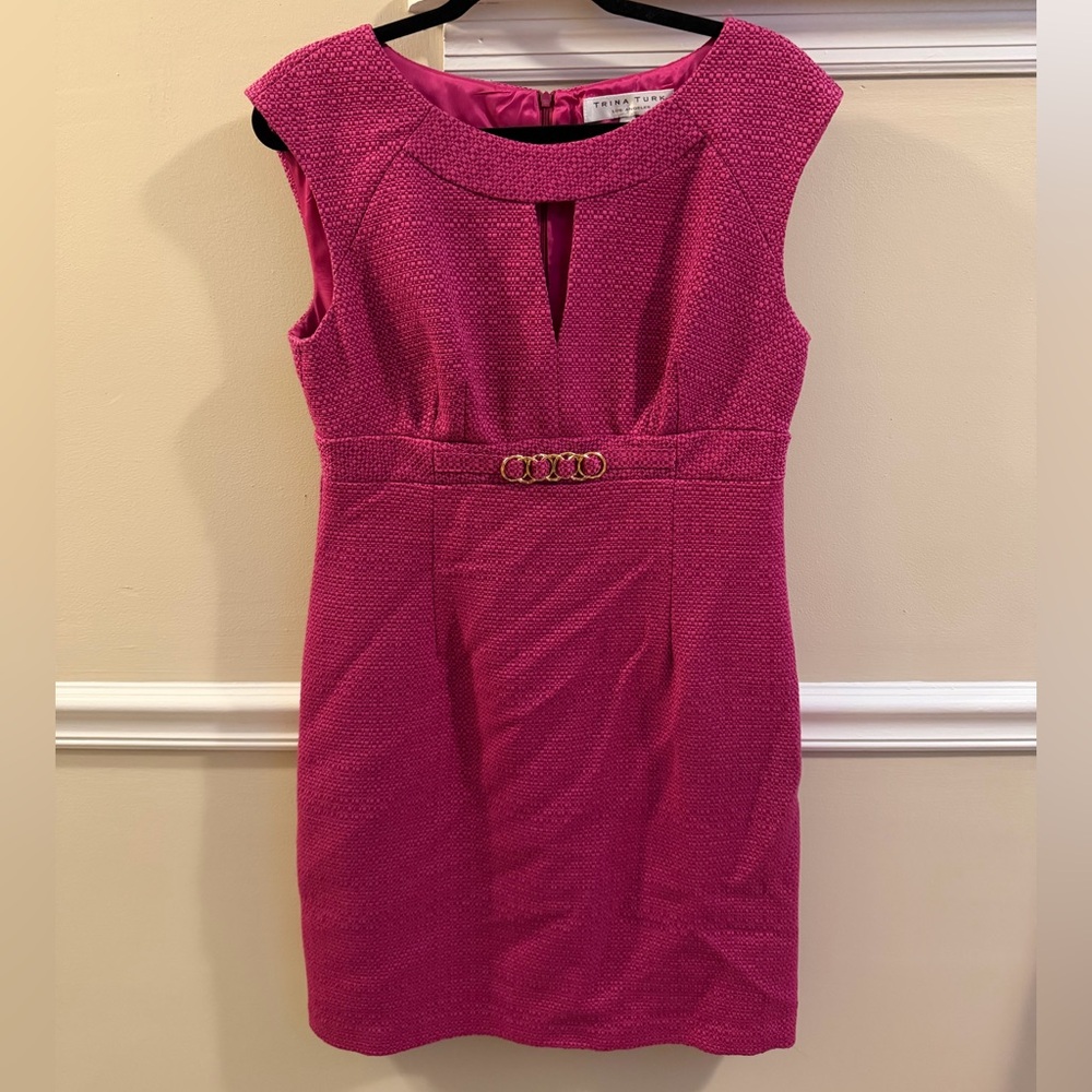 Trina Turk Belted Keyhole Pink Sleeveless Tweed Dress